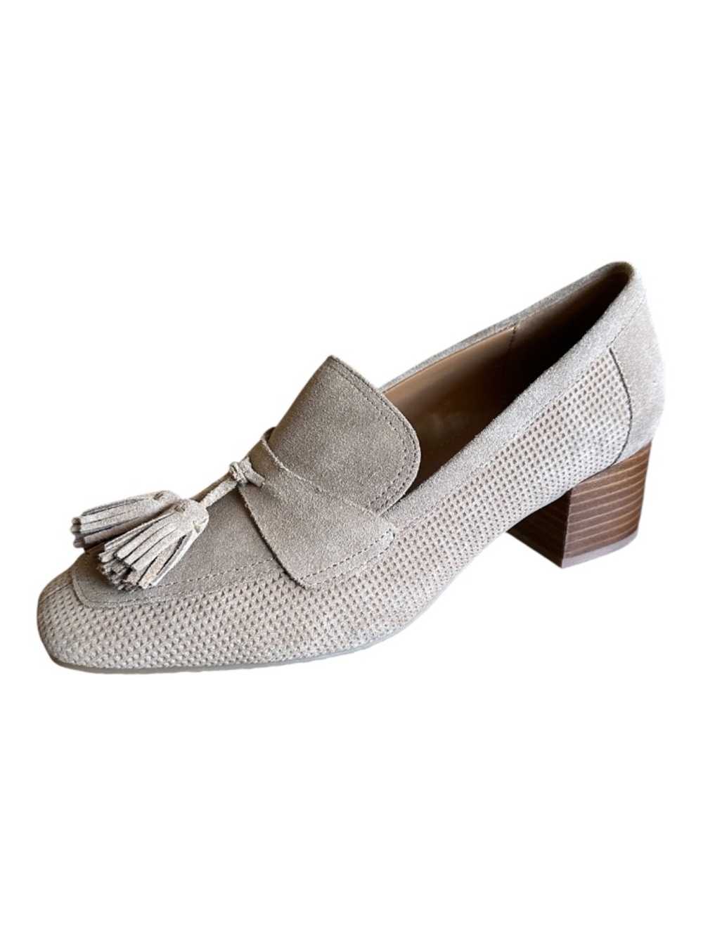 Donald Pliner Kressida Suede Tassel Loafers Taupe Block Heel Size 7.5